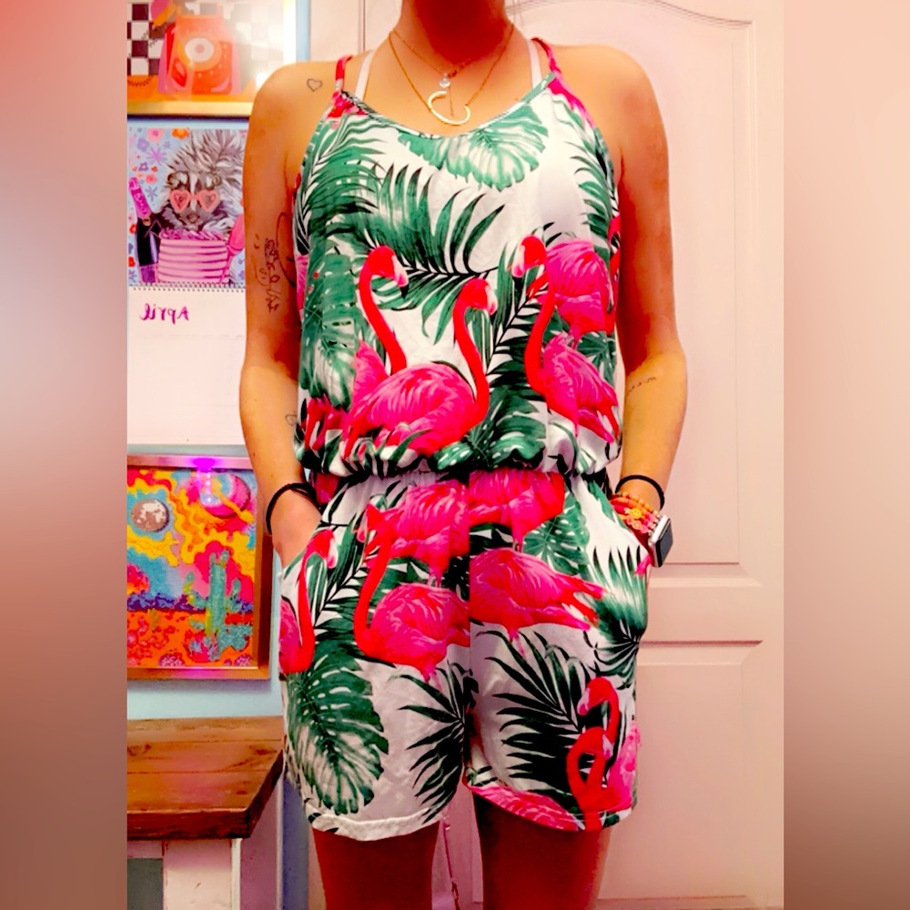 Flamingo patterned romper.